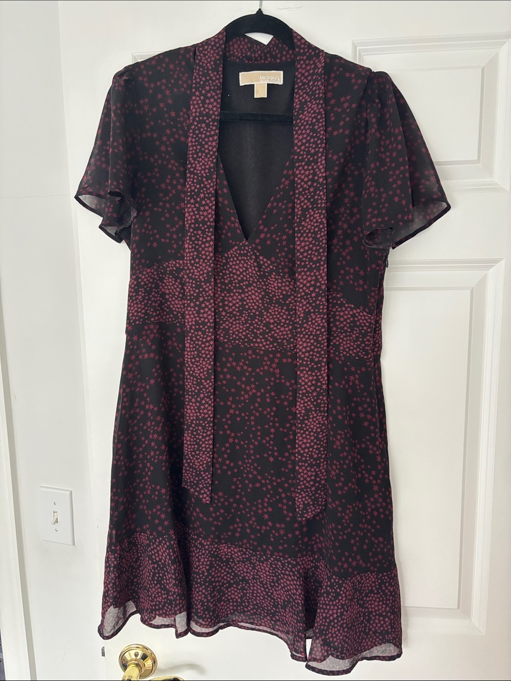 Michael by Michael Kors black and burgundy star print chiffon dress with tie